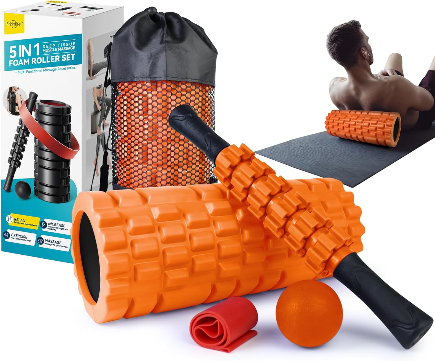 5-in-1 Foam Roller Set for Deep Tissue Massage – Muscle Recovery Kit with Foam Roller, Massage Ball & Stretching Strap for Full Body Relief