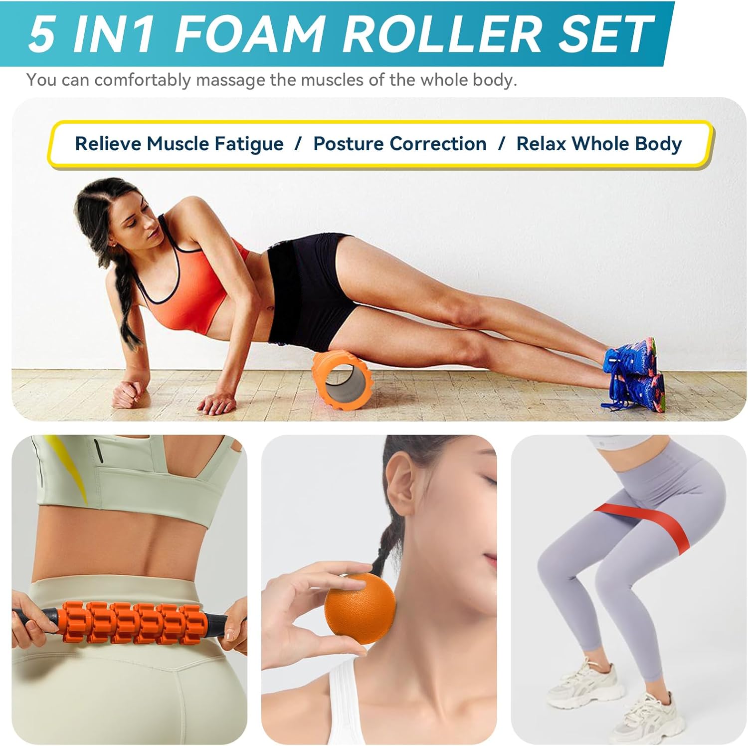 5-in-1 Foam Roller Set for Deep Tissue Massage – Muscle Recovery Kit with Foam Roller, Massage Ball & Stretching Strap for Full Body Relief