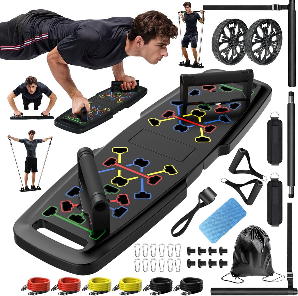 Push Up Board Home Gym Set – Portable Full Body Workout Kit with Pilates Bar, Resistance Bands, Ab Roller & 20 Fitness Accessories